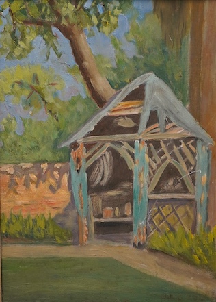Diana Mabel Low (1911-1975), 'Old Summerhouse in Paddington', unsigned, New English Art Club label verso, oil on board, 35 x 25cm